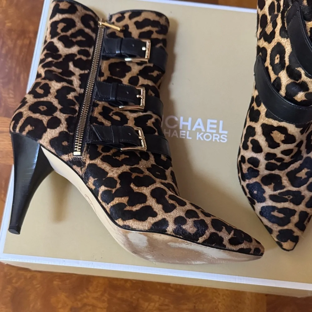 Michael Kors Leather Black and Brown Leopard Heeled Boots
